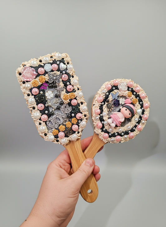 Brosse à cheveux & Miroir en bambou – Décoration chantilly gourmande ✨