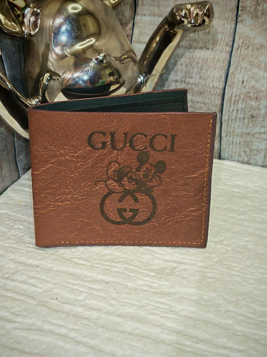 Portefeuille style luxe en similicuir marron – Motif Gucci & Mickey