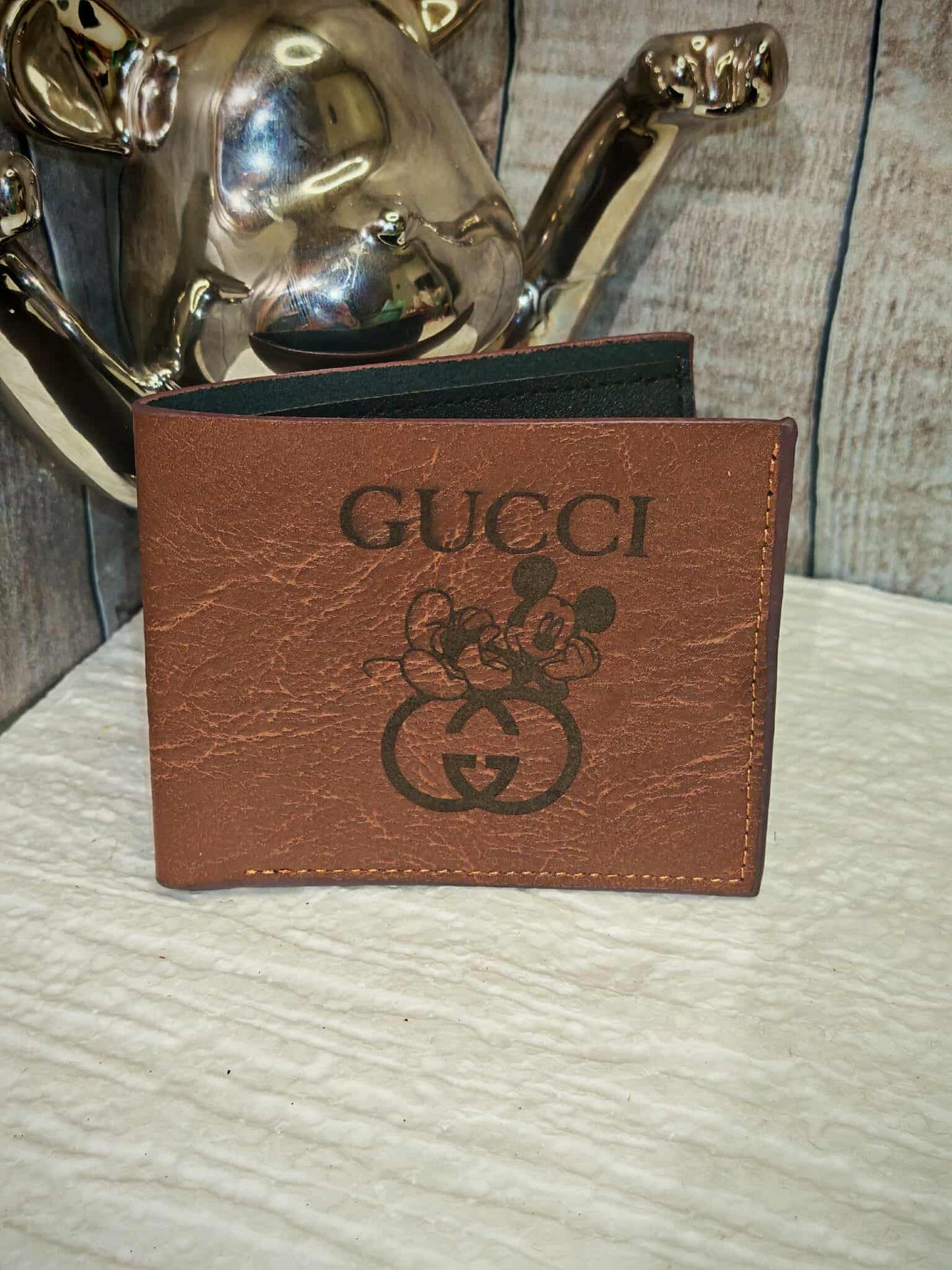 Portefeuille style luxe en similicuir marron – Motif Gucci & Mickey