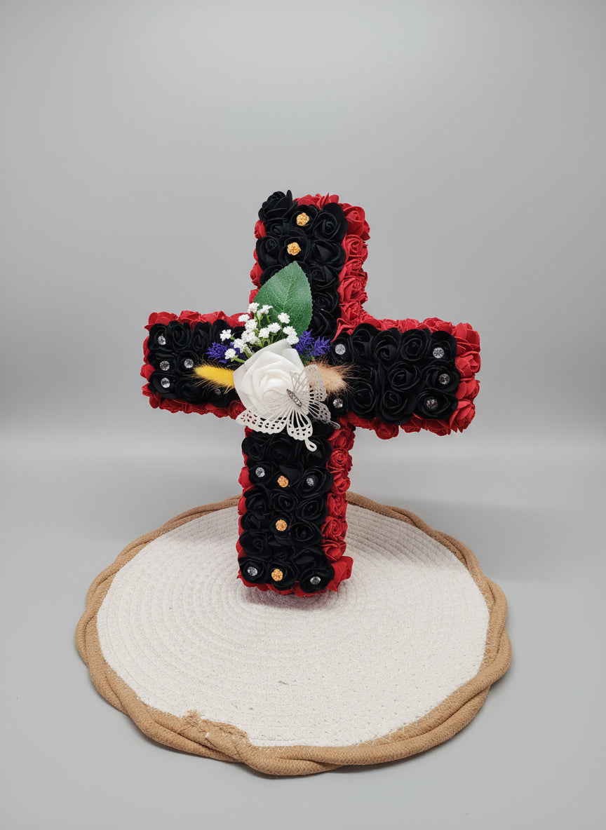Croix Funéraire Artisanale (Fleurs Artificielles)