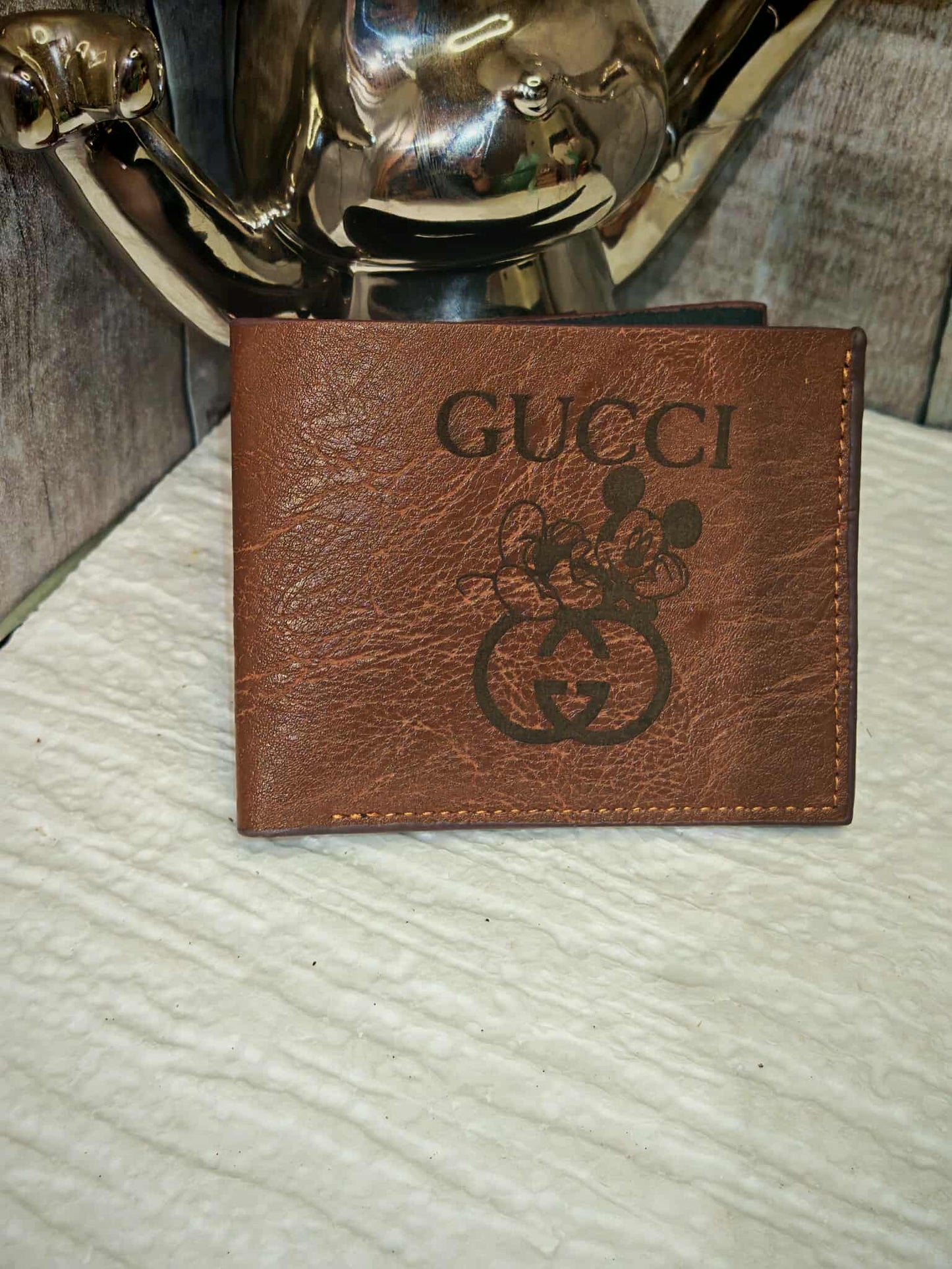 Portefeuille style luxe en similicuir marron – Motif Gucci & Mickey