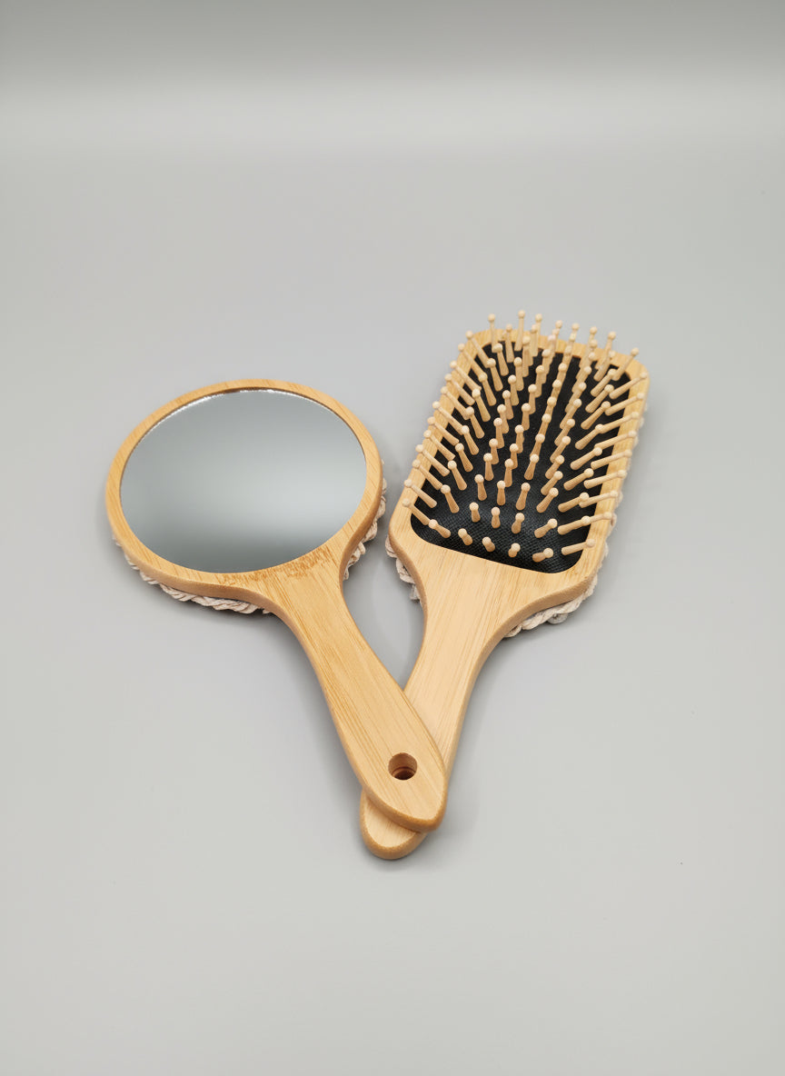 Brosse à cheveux & Miroir en bambou – Décoration chantilly gourmande ✨